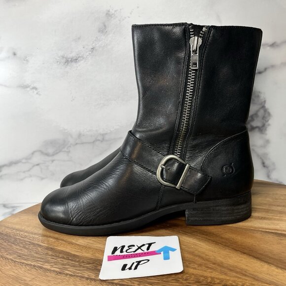 Born Womens Black Leather Side Zip Moto Combat Mid Calf Boots Booties size 7 - Picture 1 of 9